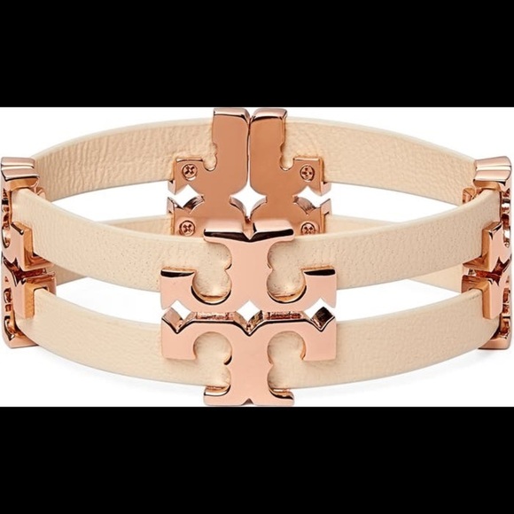 Tory Burch Authentic Serif T Stacked Leather Sand Rose Gold Wrap Bracelet - Picture 7 of 11
